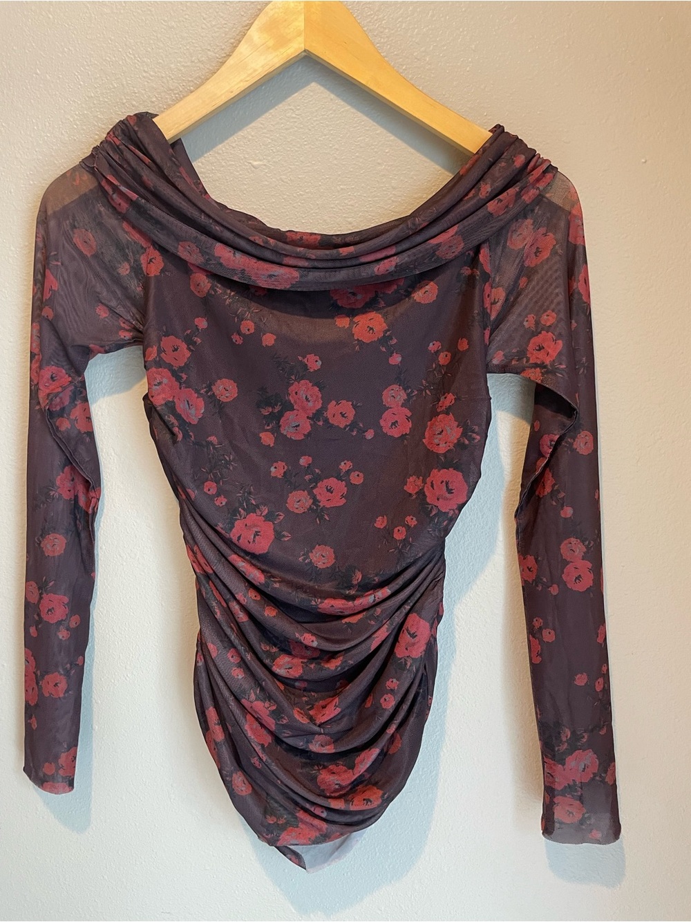 Leith Women's Top Small Sheer Mesh Floral Off-Shoulder Ruched Long Sleeve